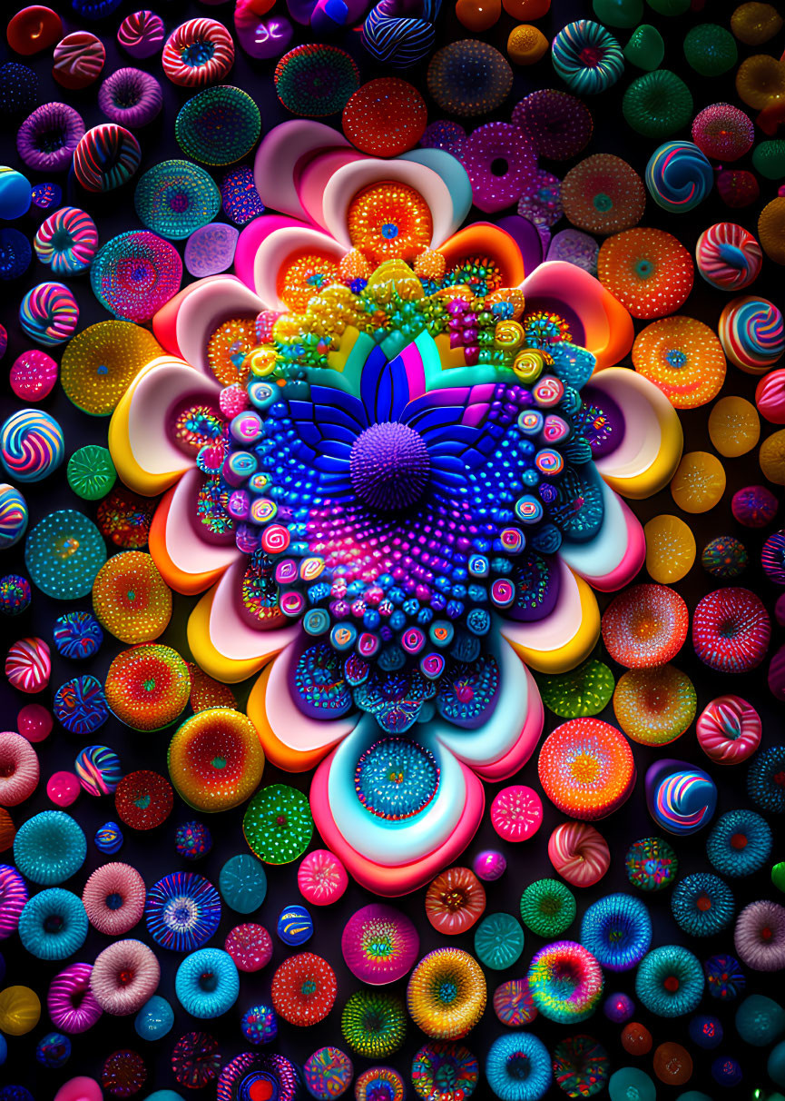 Colorful Fractal Flower Cascade on Dark Background