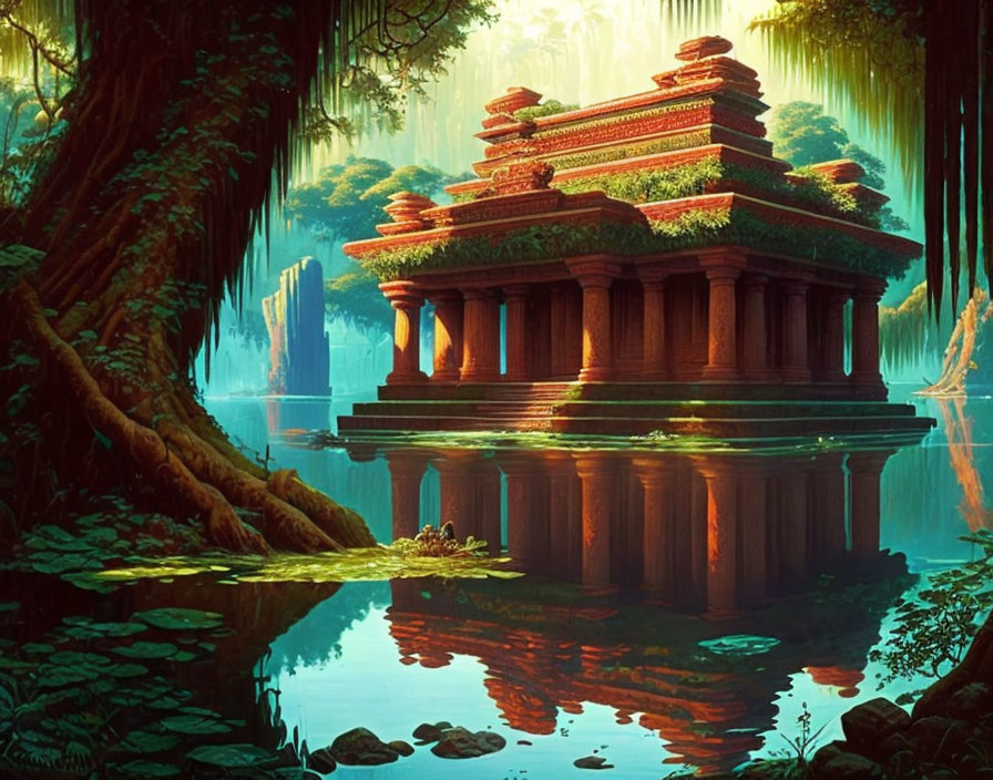 Ancient Temple by Serene Lake Surrounded by Lush Trees