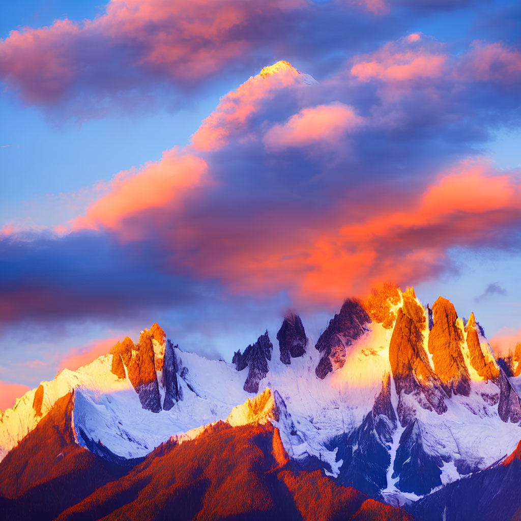 Majestic snowy mountain peaks at sunset with orange and blue clouds