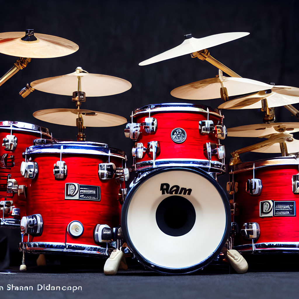 Vibrant red drum set with various cymbals on dark background