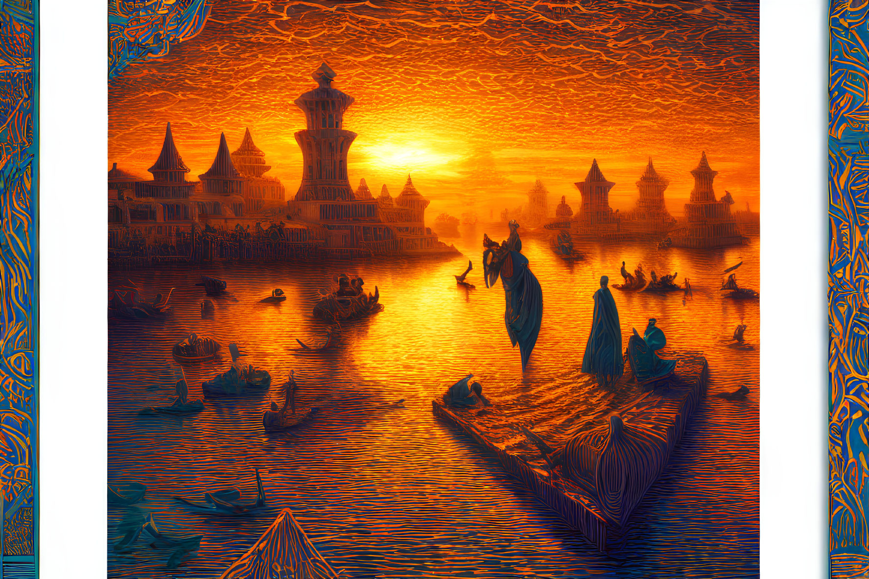 Colorful artwork of a sunset river scene with boats, figures, and ornate buildings.