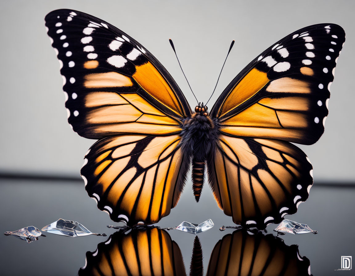 Colorful Butterfly Perched Above Reflective Water with Crystals