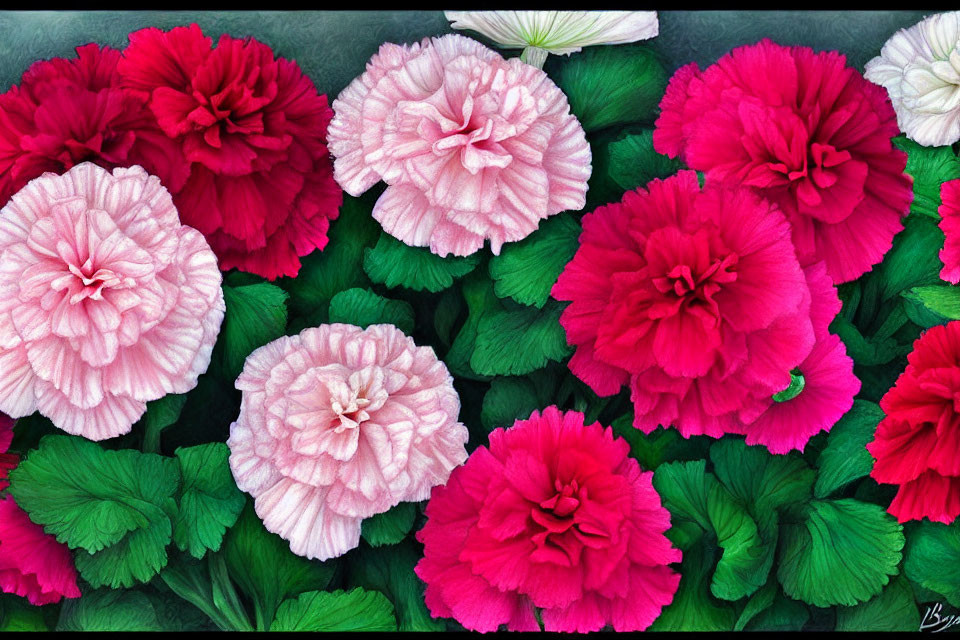 Colorful Begonia Flowers with Ruffled Petals and Green Leaves