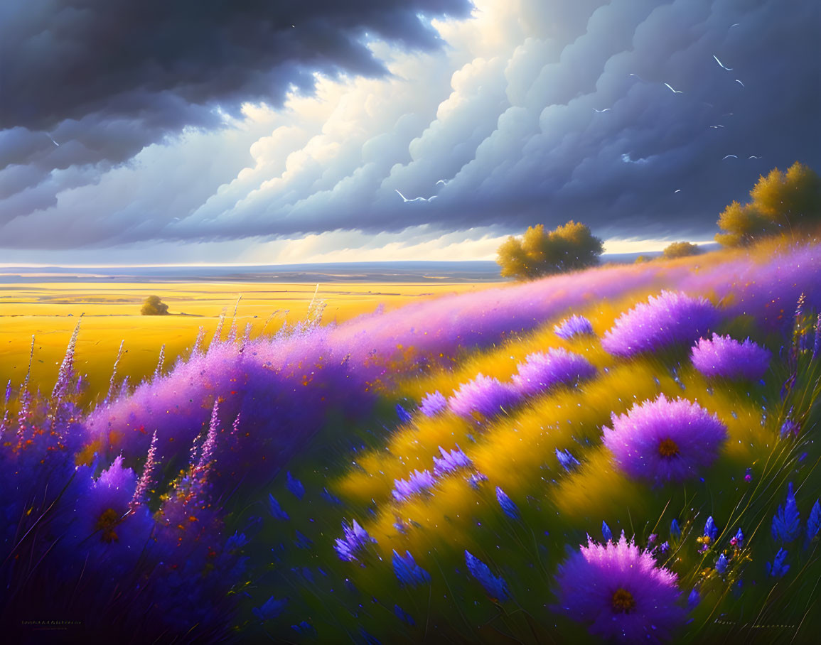 Colorful landscape with purple and yellow wildflowers under dramatic sky