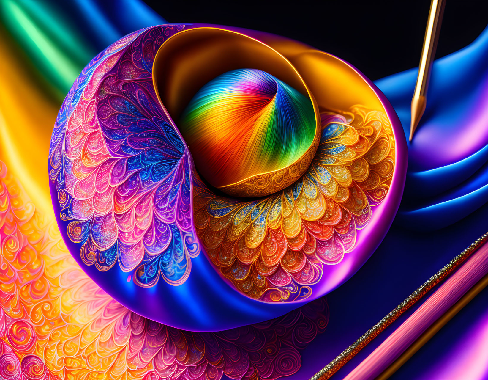 Colorful fractal-like shell surrounded by abstract shapes in vibrant digital art