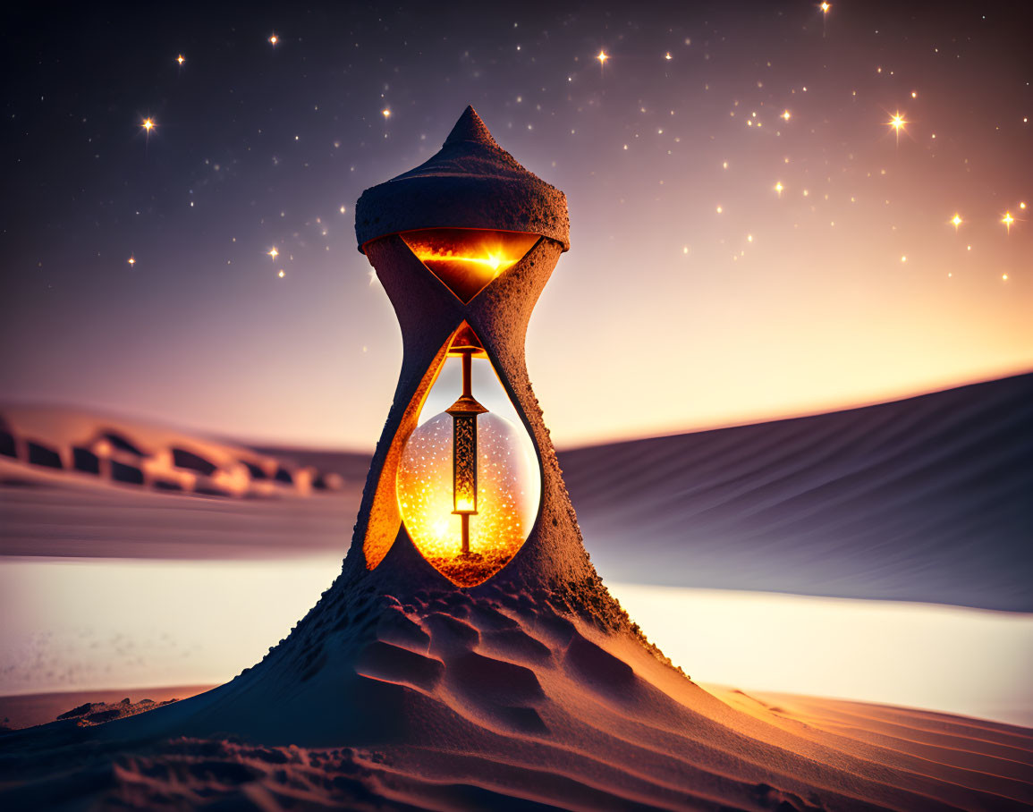 Hourglass in desert with stars symbolizing time passage under twilight sky