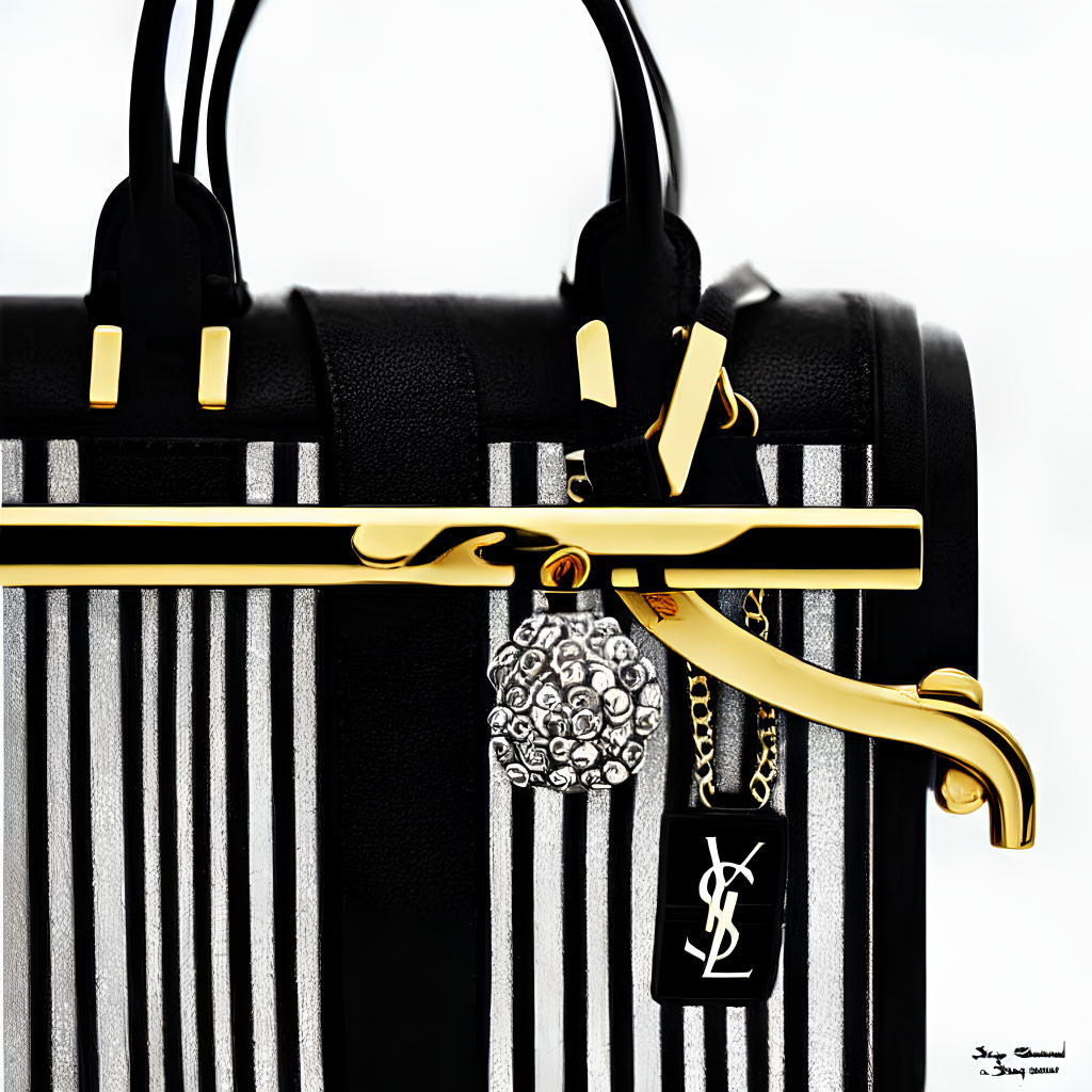 Luxurious Black and White Striped Handbag with Gold Accents and YSL Logo Charm