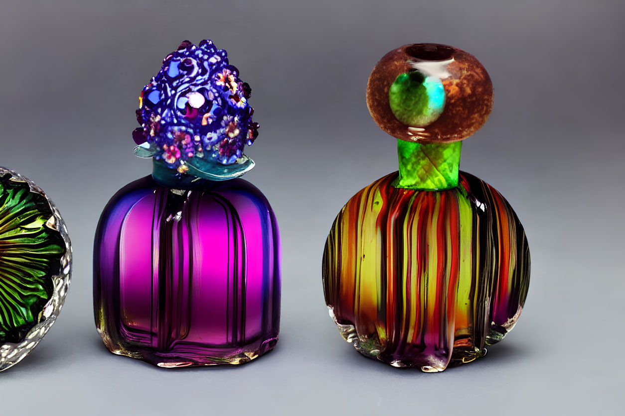 Colorful Glass Perfume Bottles on Grey Background