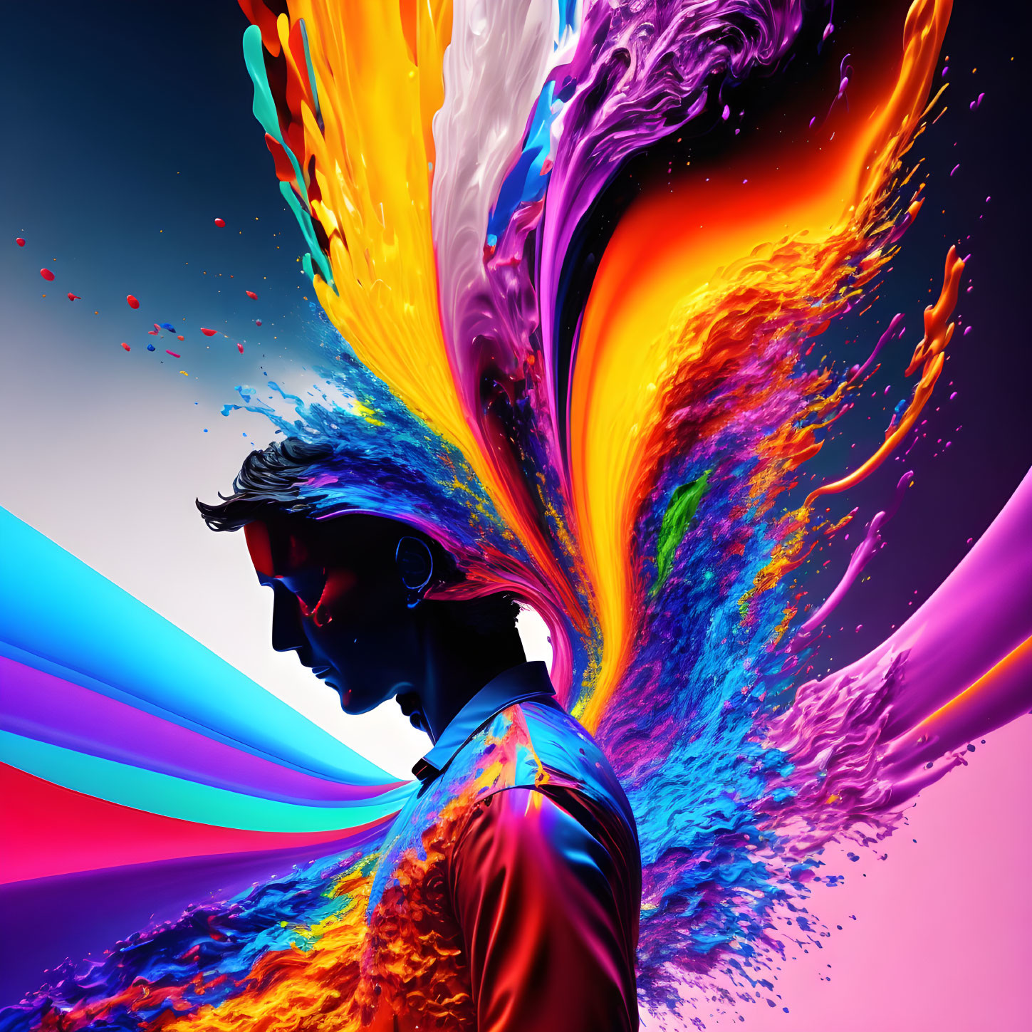 Colorful Liquid Splash Effects Surrounding Silhouette Profile