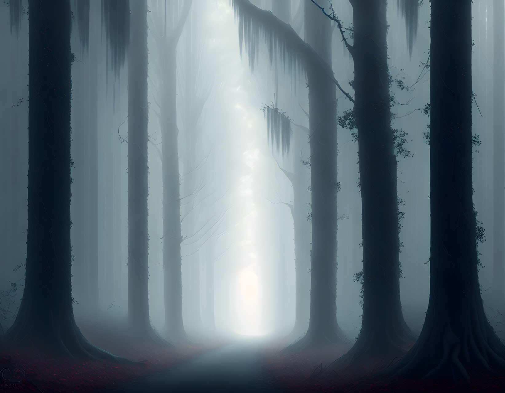 Misty Forest with Dark Trees and Glowing Portal