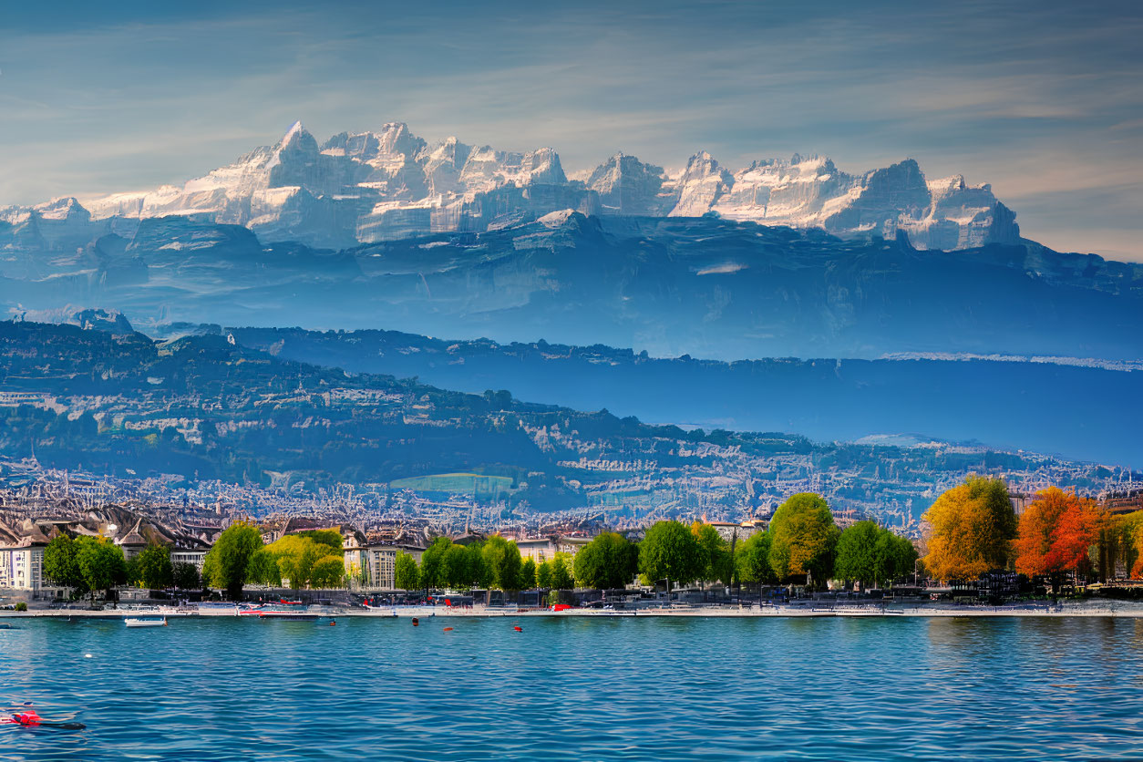 City by Lake: Autumn Trees, Snowy Mountains