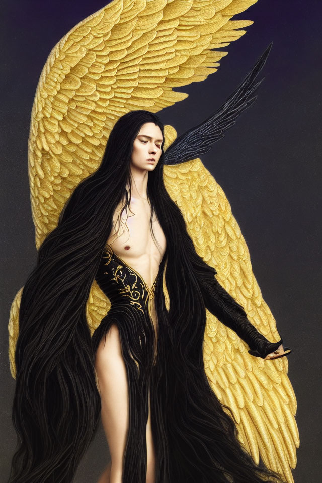 Golden-winged figure in black and gold bodysuit on dark background