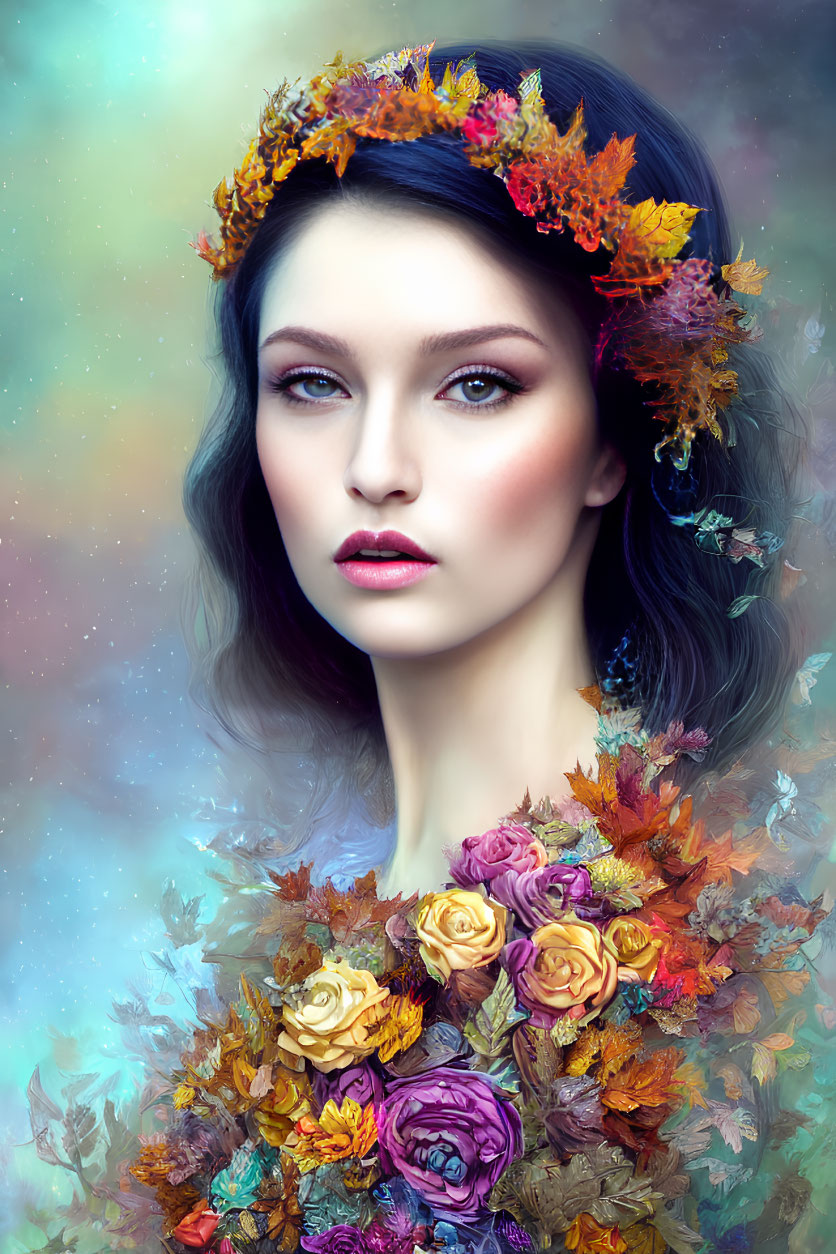 Woman with Floral Wreath and Flower Bouquet on Multicolored Background