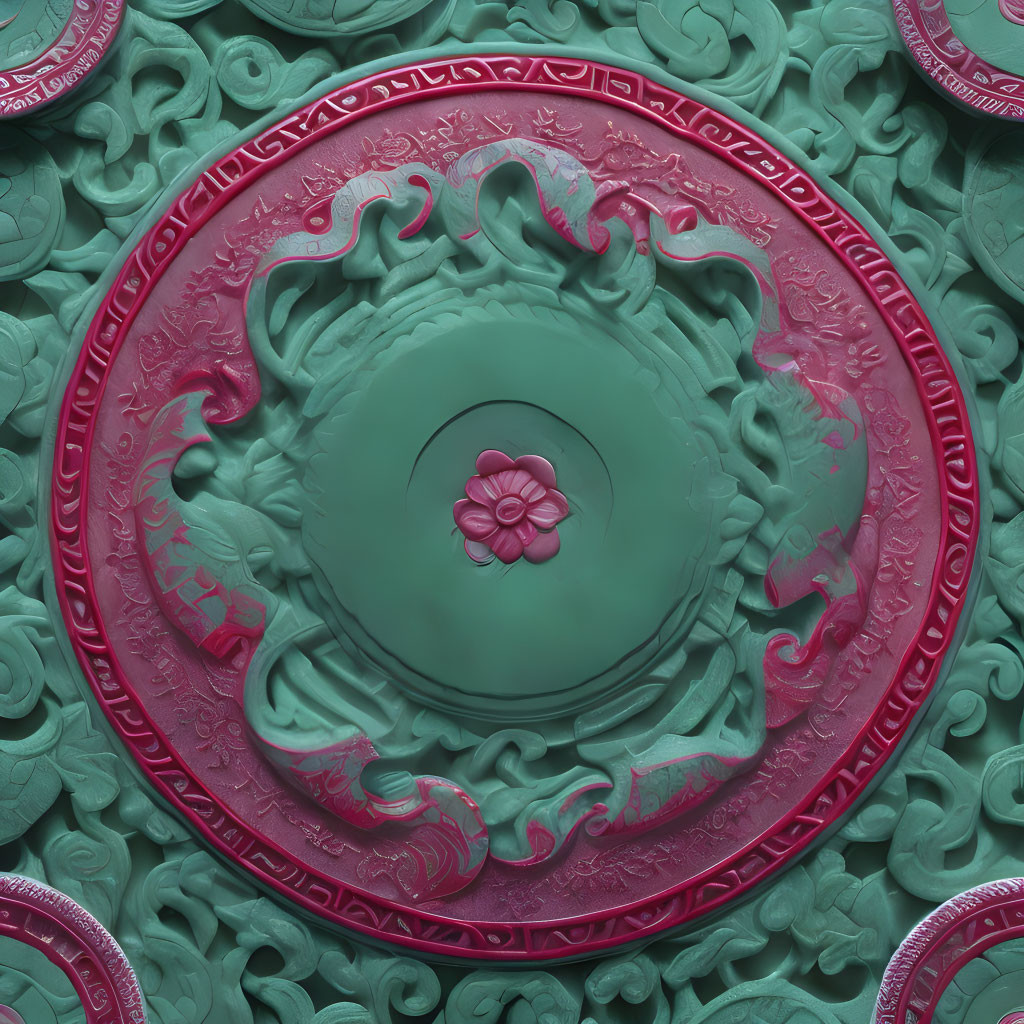 Teal and Pink Relief Carving with Floral and Scroll Designs