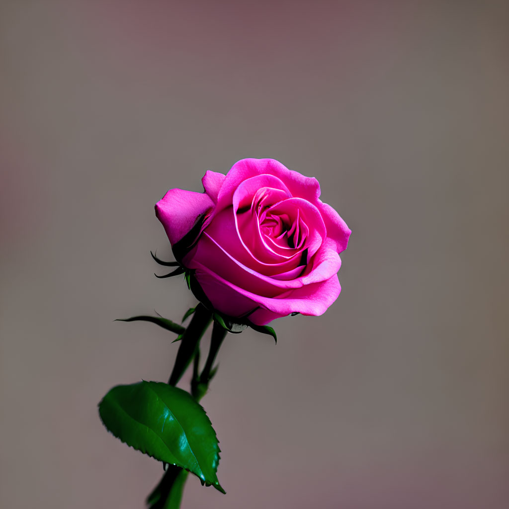 Pink Rose with Green Stem on Grey Background