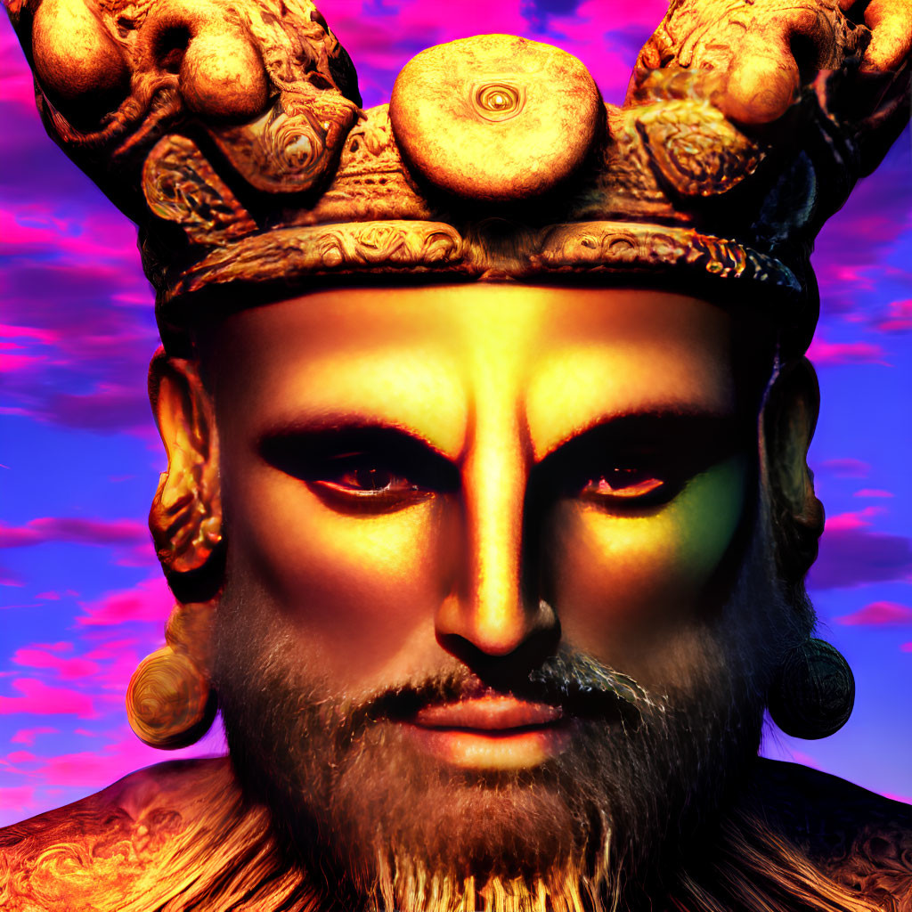 Male face with ornate crown in digital artwork against sunset sky