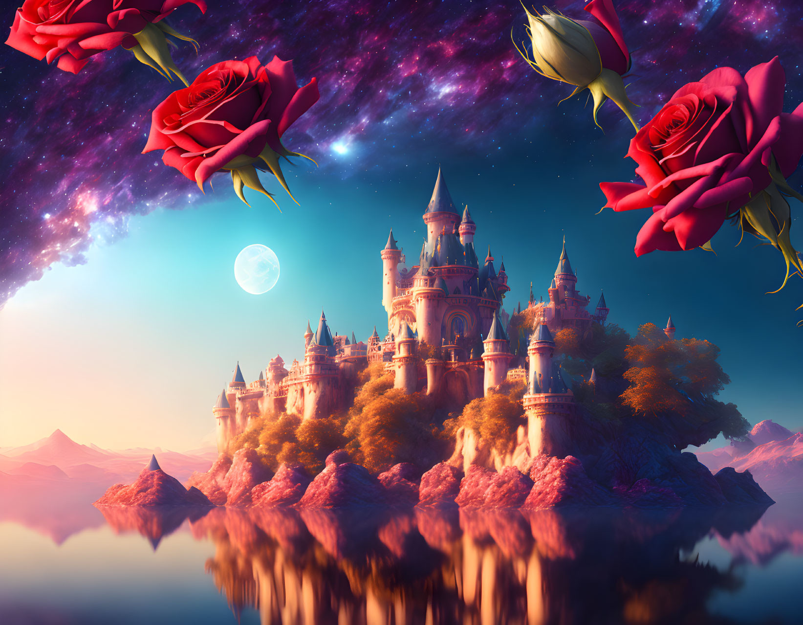 Fantastical castle on elevated land with moonlit sky and oversized roses.