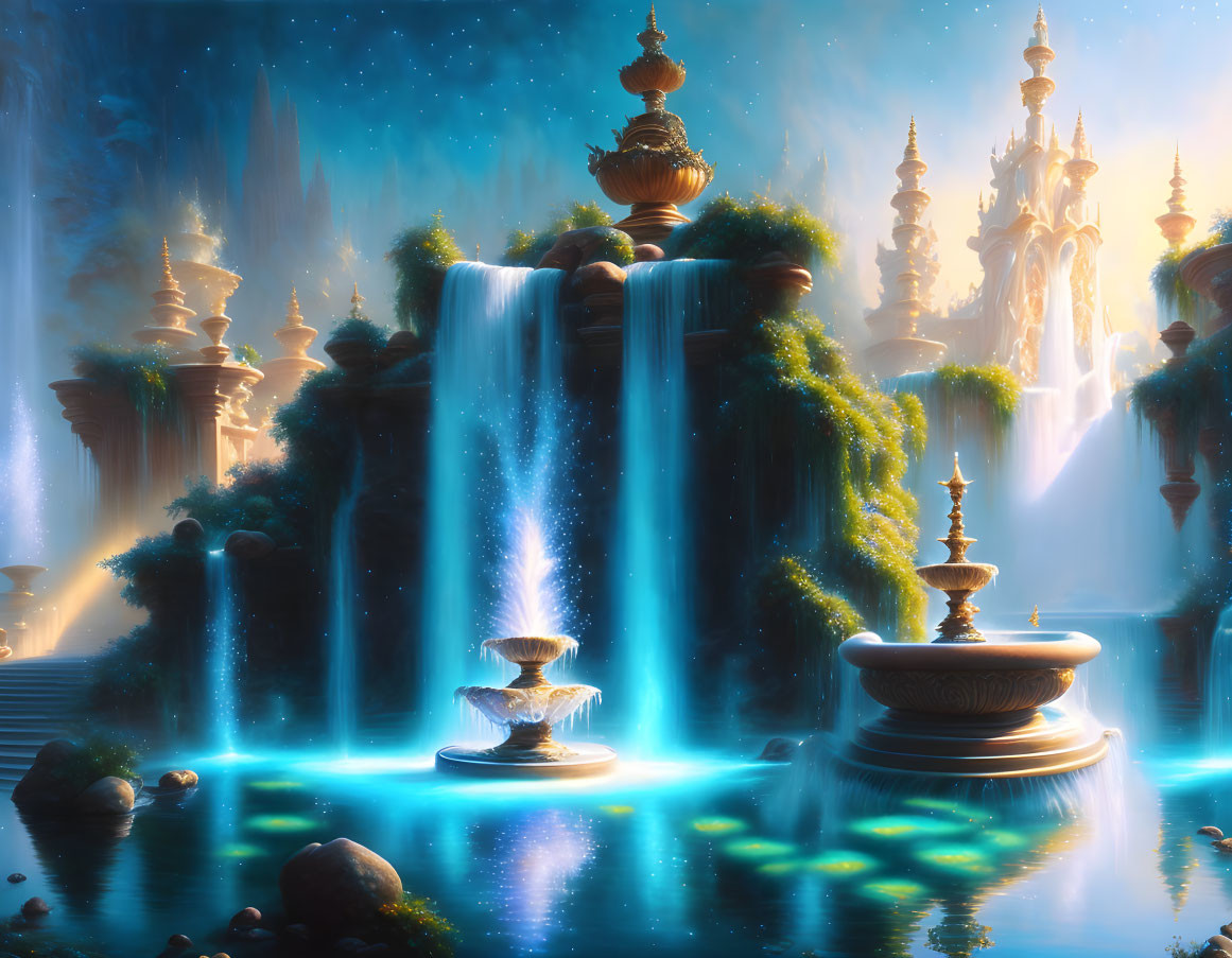 Enchanting fantasy landscape with glowing waterfalls and illuminated foliage