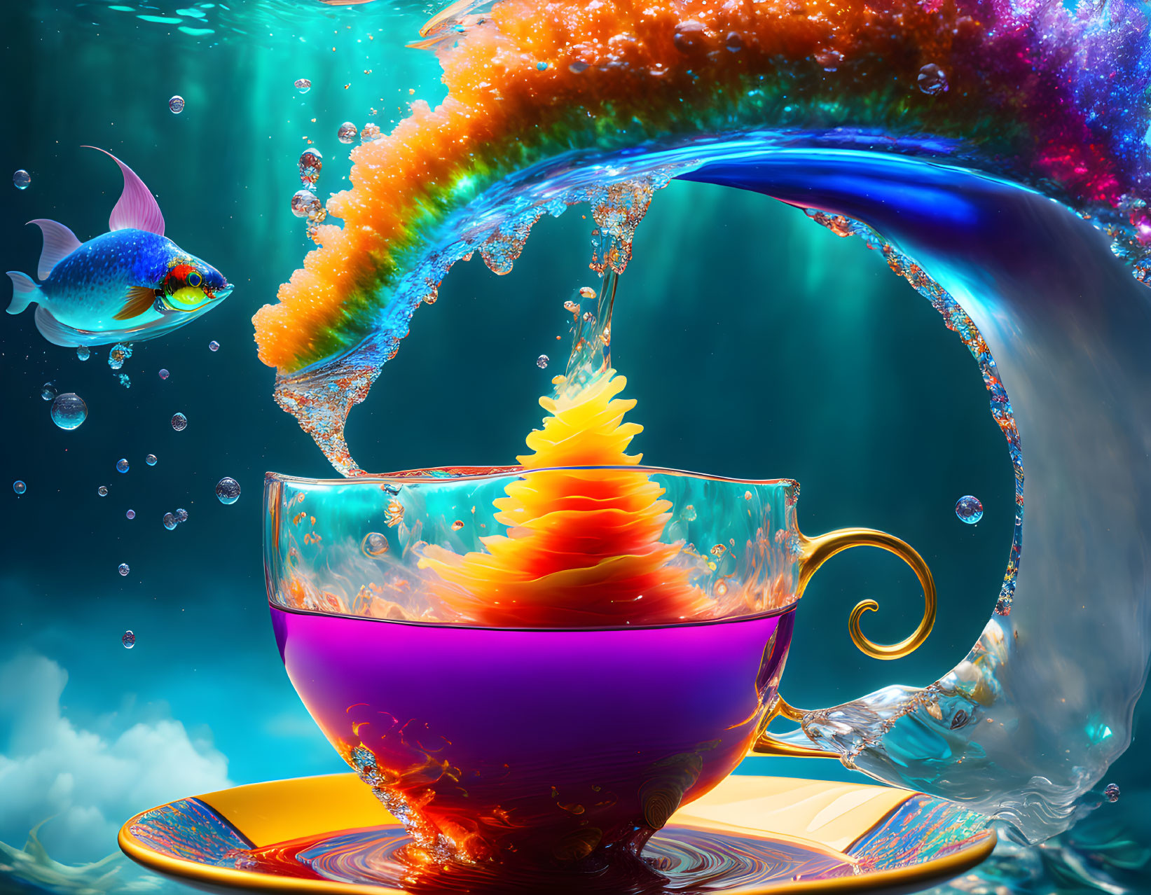 Colorful liquid wave arching into teacup with layered cake and tropical fish