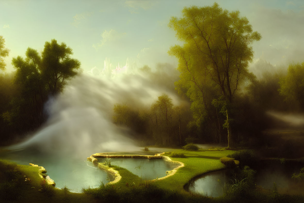 Tranquil pond with misty sunlit landscape and distant castle