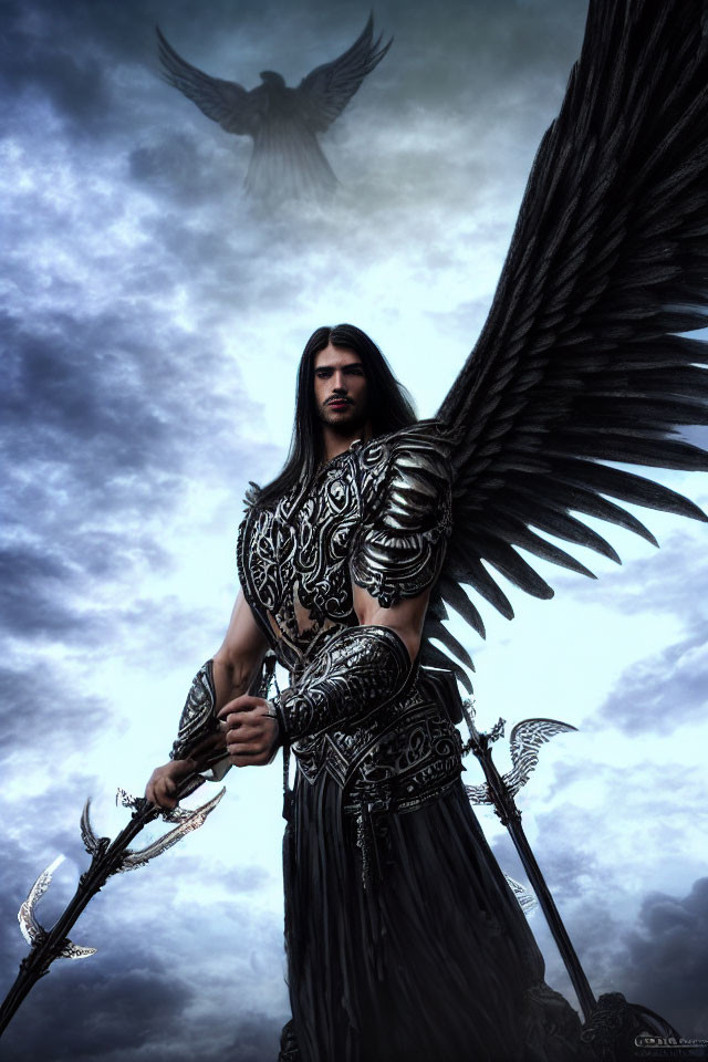 Brooding warrior in ornate armor with black wings, eagle soaring under stormy sky