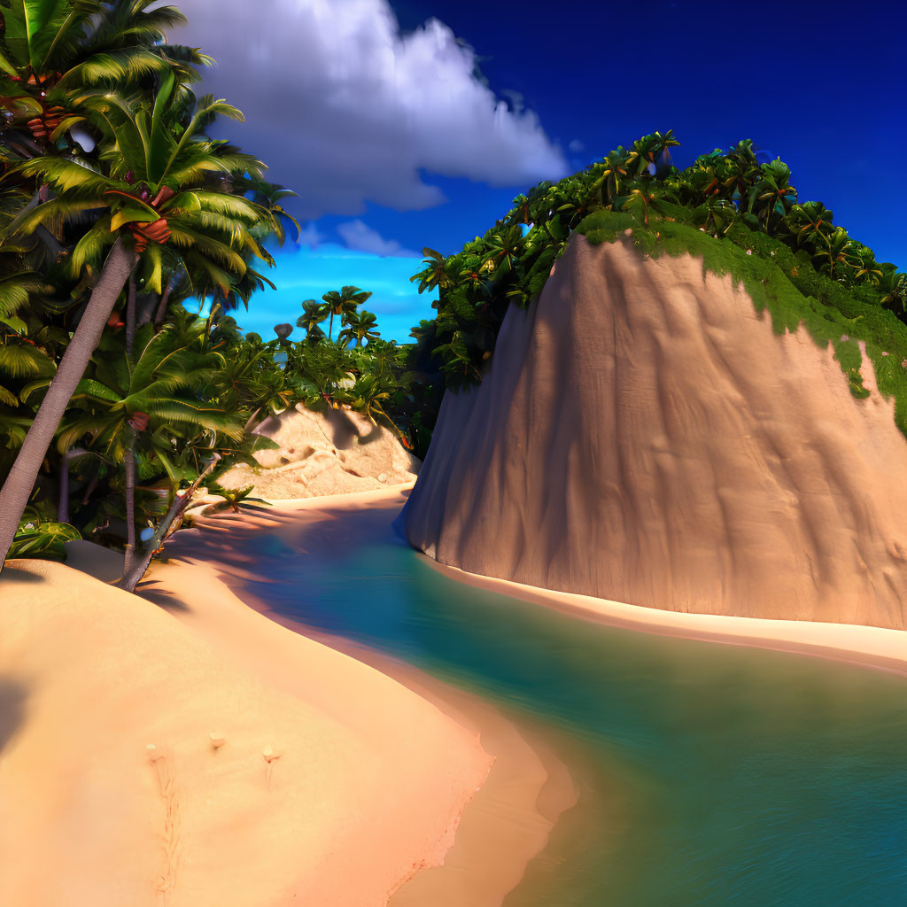 Golden sand, palm trees, blue water, and sky in serene tropical beach