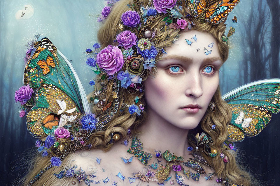 Fantastical portrait of a woman with butterfly wings and flowers in her hair