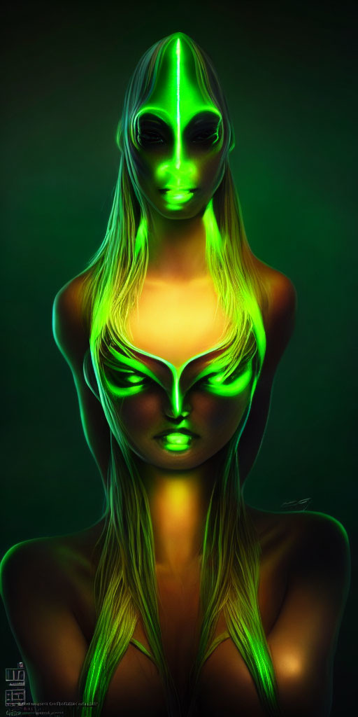 Neon Green and Black Alien Body Paint on Dark Background