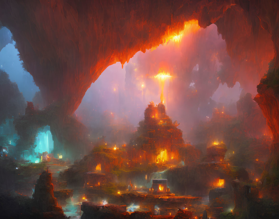 Majestic underground cavern with glowing city and fiery stalactites