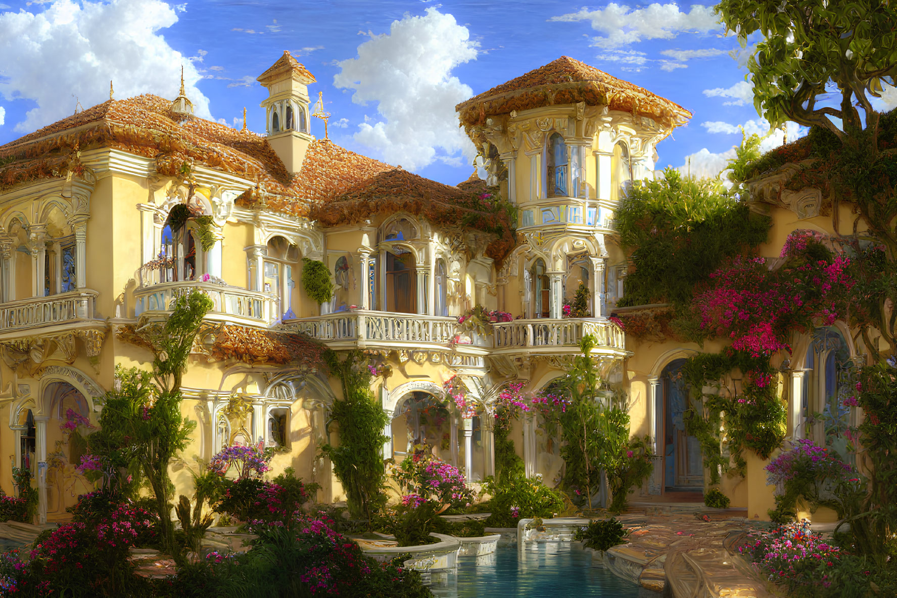 Luxurious villa with balconies, arched windows, lush greenery, pink flowers, and serene