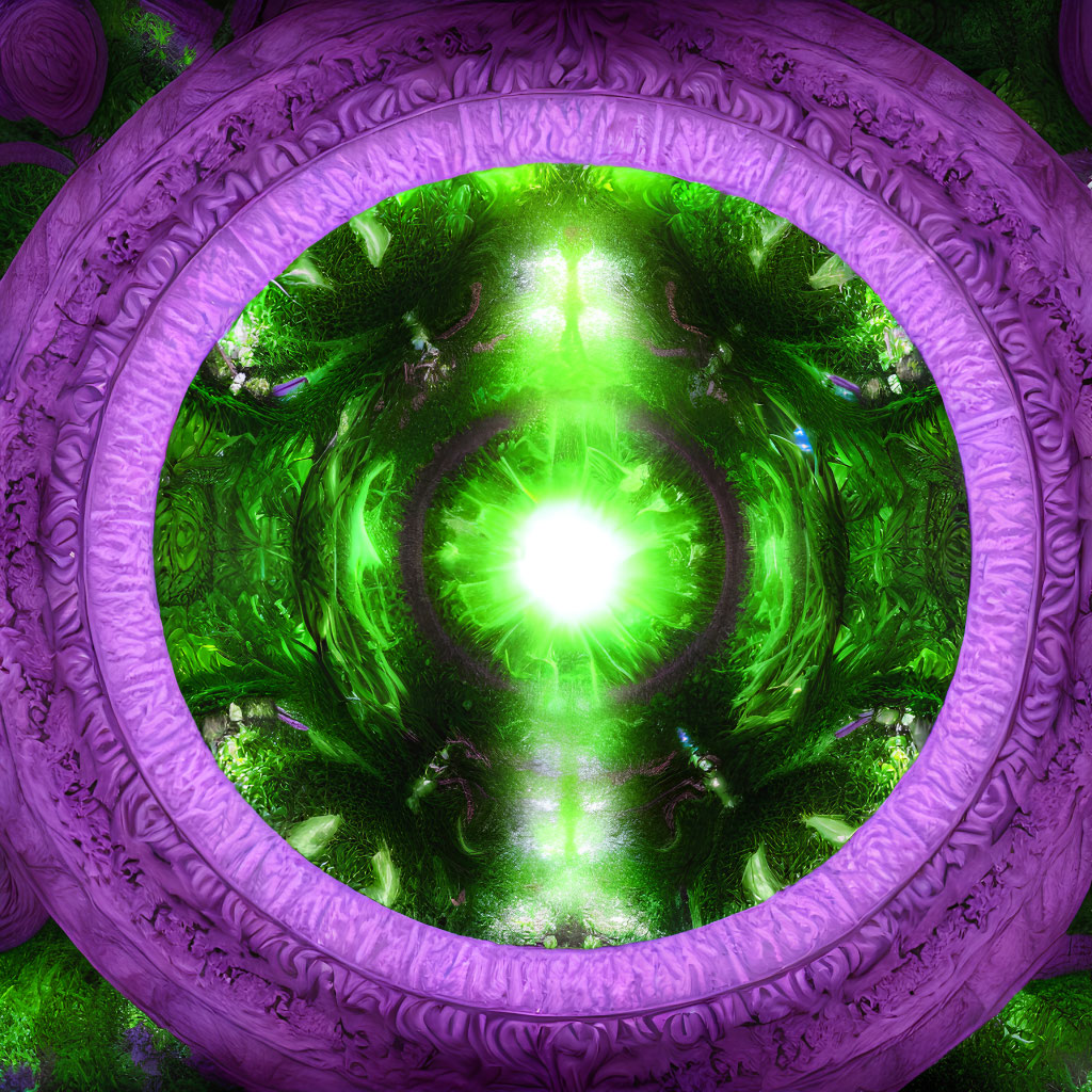 Colorful fractal image with green core and purple borders