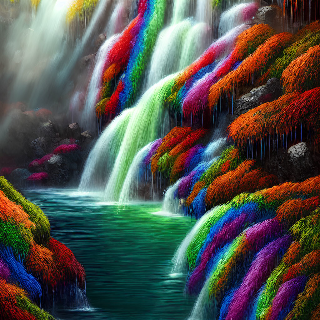 Multicolored Waterfall with Rainbow Foliage and Emerald Pool