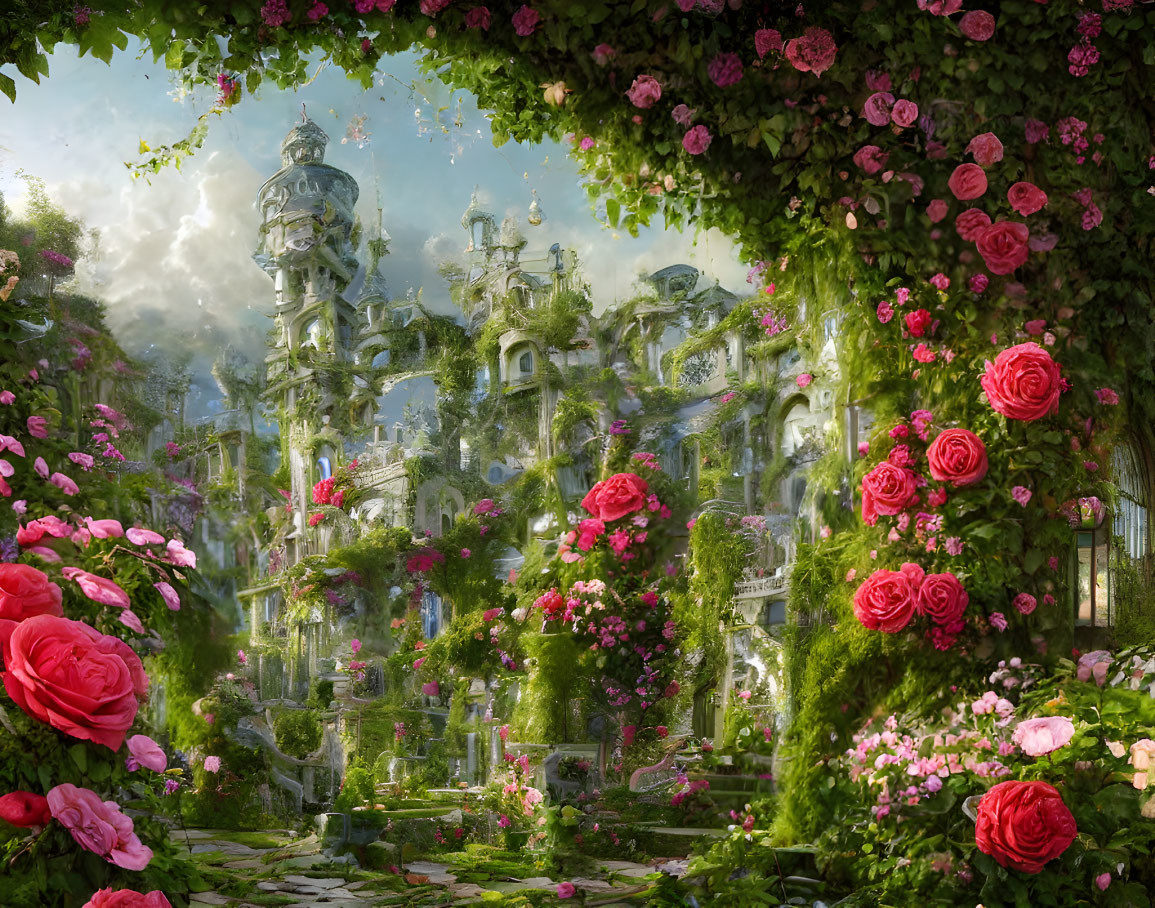 Fantastical garden with oversized pink roses and fairy-tale castle