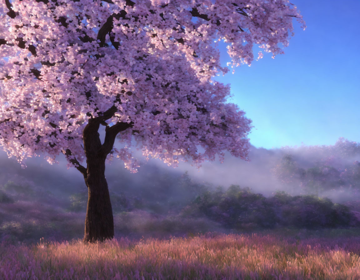 Vibrant cherry blossom tree in full bloom against misty purple meadow