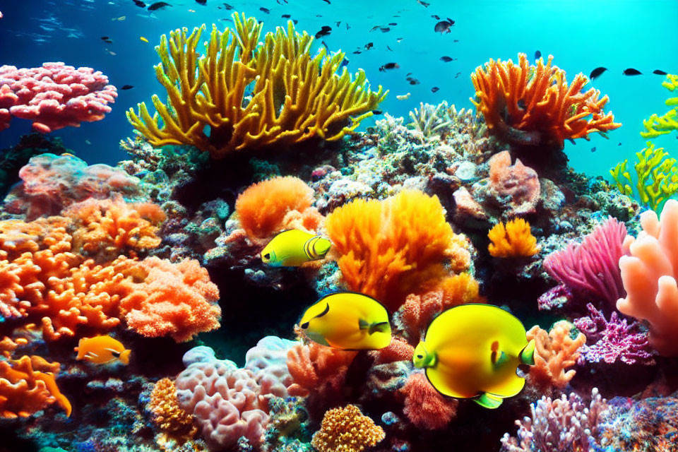 Colorful Coral Reefs with Yellow Fish in Vibrant Underwater Seascape