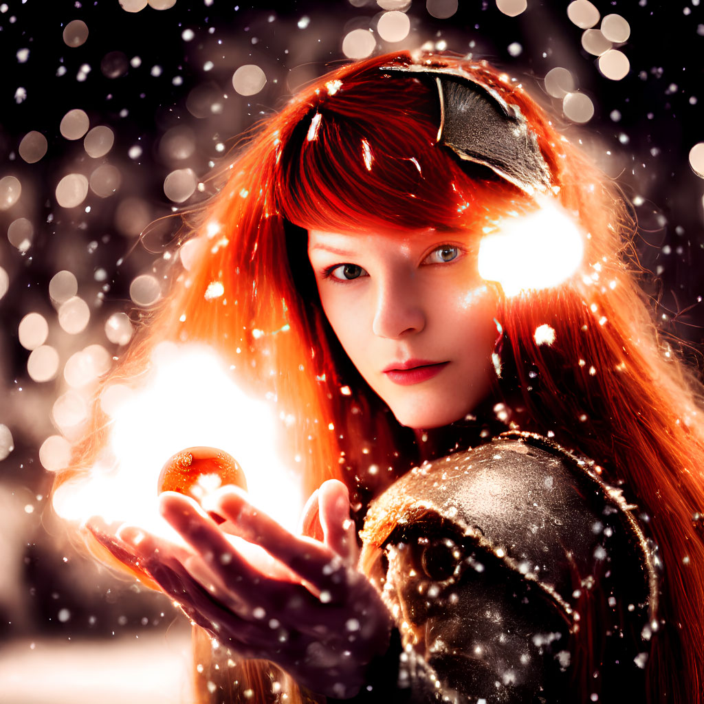 Red-haired woman with glowing orb in magical setting