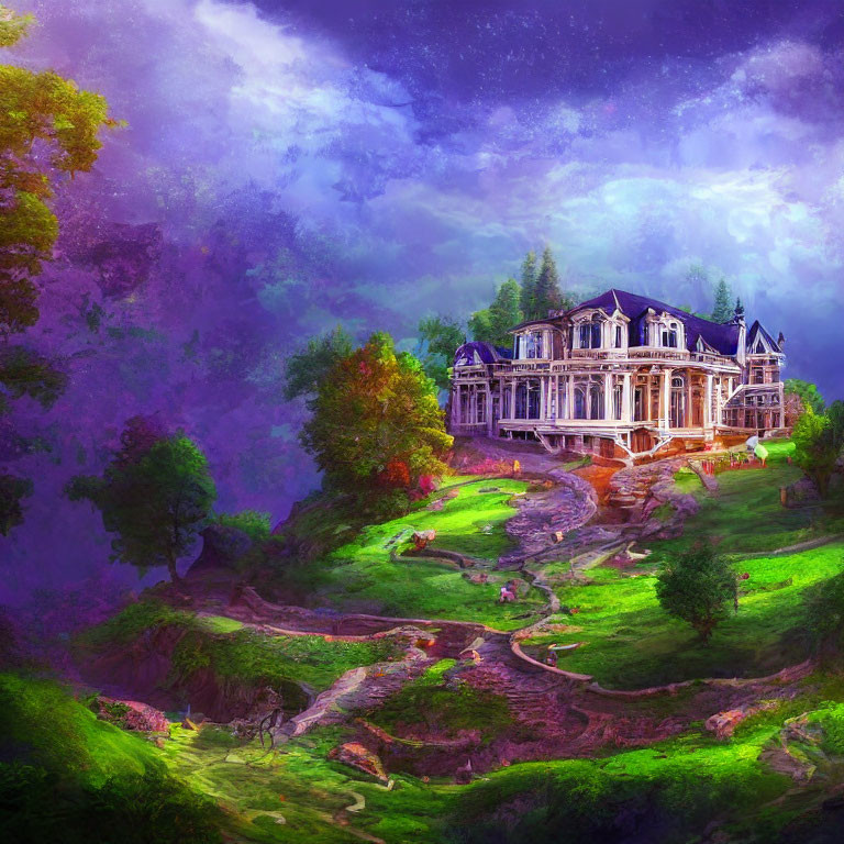 Victorian mansion on lush hillside with winding path at twilight