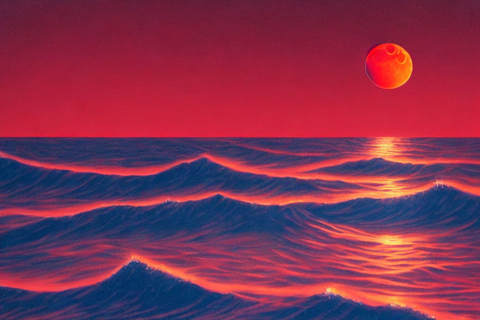 Fiery sky and lunar eclipse over vivid red ocean