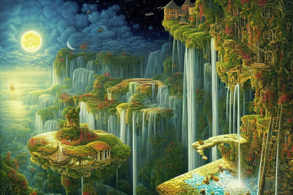 Fantastical landscape with waterfalls, cliffs, greenery, and whimsical buildings