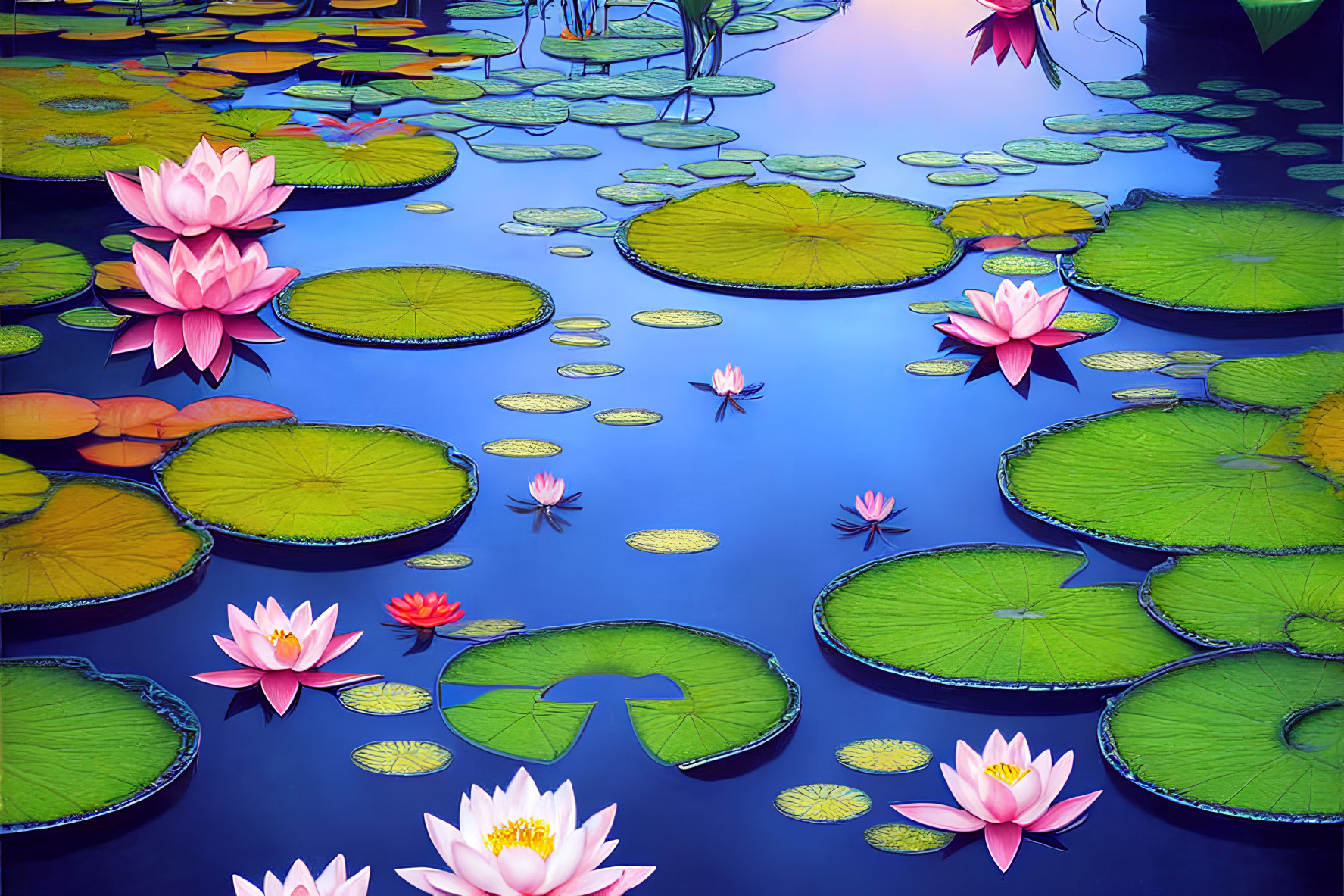 Bright Pink Water Lilies and Large Round Leaves on Blue Water Surface