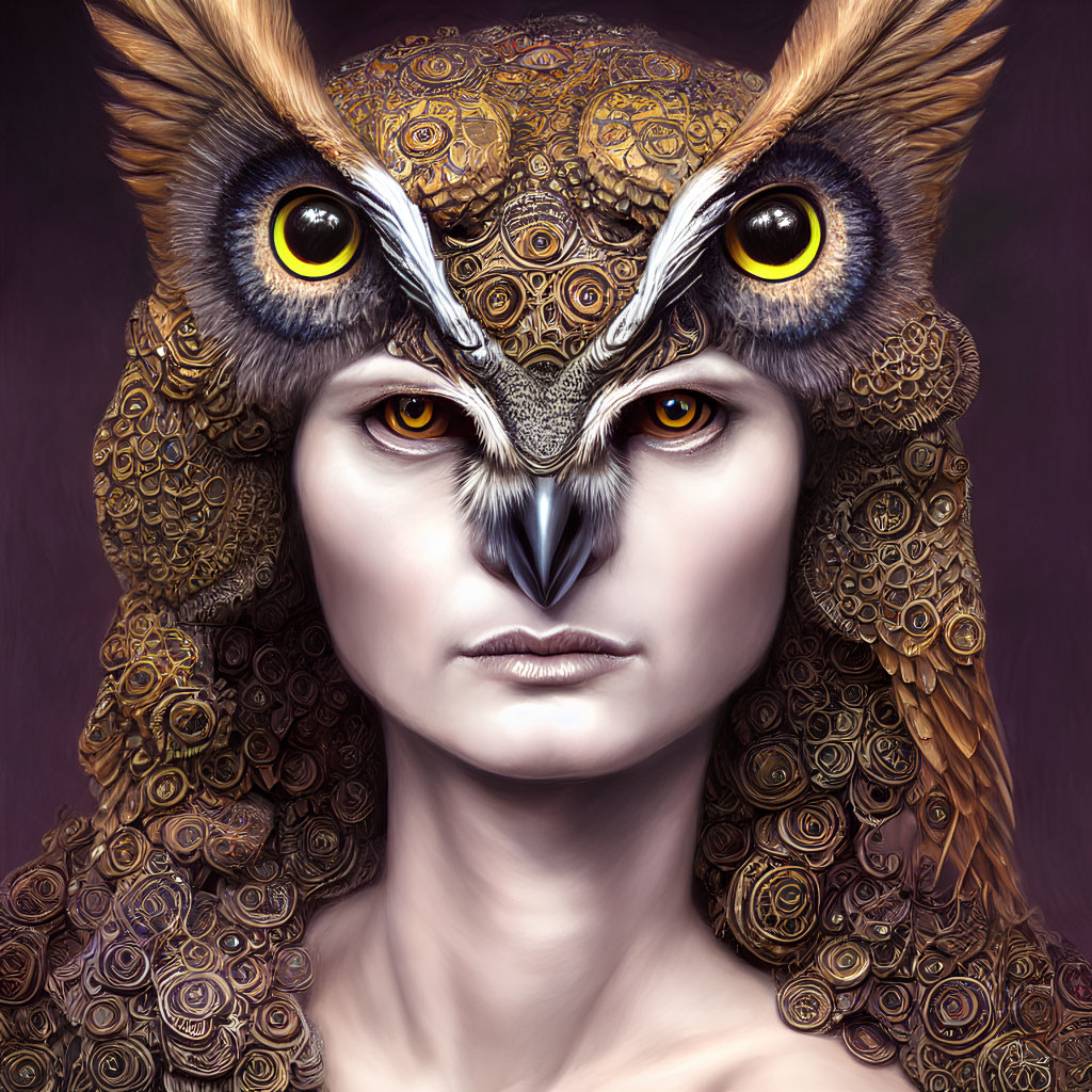 Surrealist portrait: human face merges with owl features