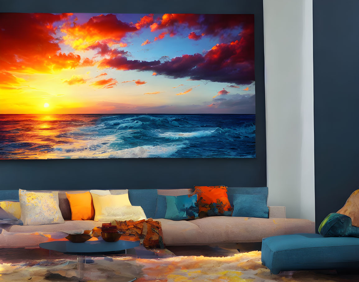 Modern Living Room with Vibrant Ocean Sunset Art