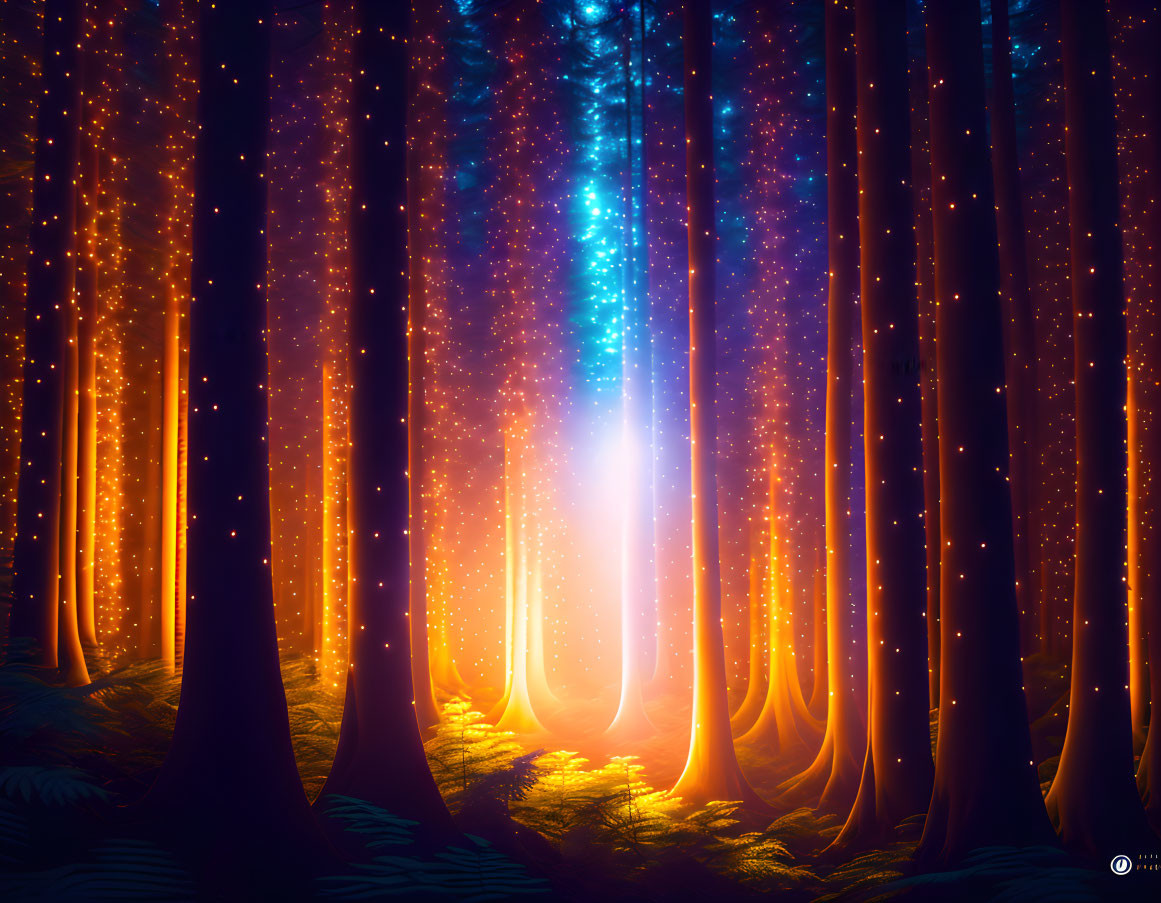 Enchanted Forest with Glowing Lights and Radiant Beam