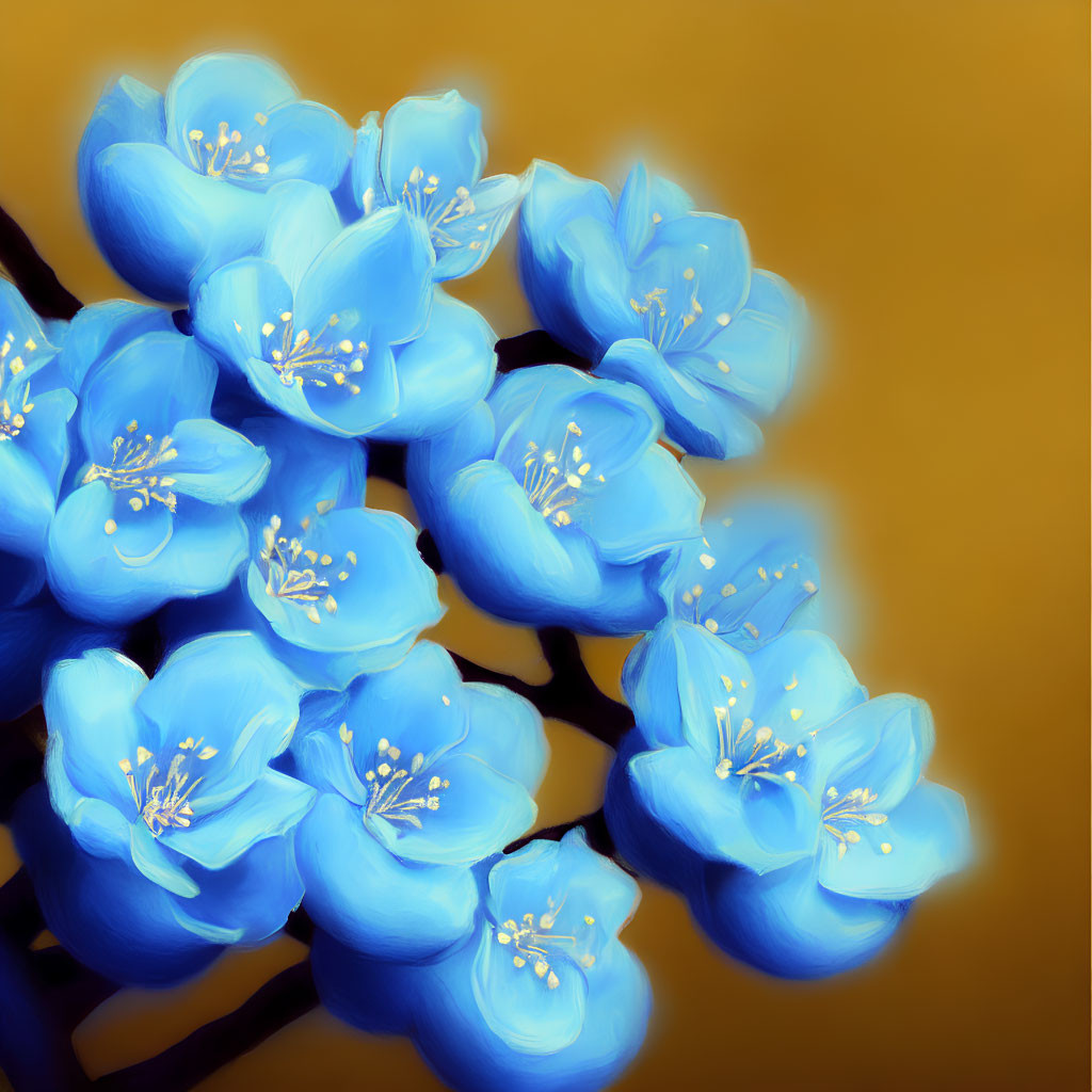 Vibrant Blue Flowers with Yellow Stamens on Golden Background