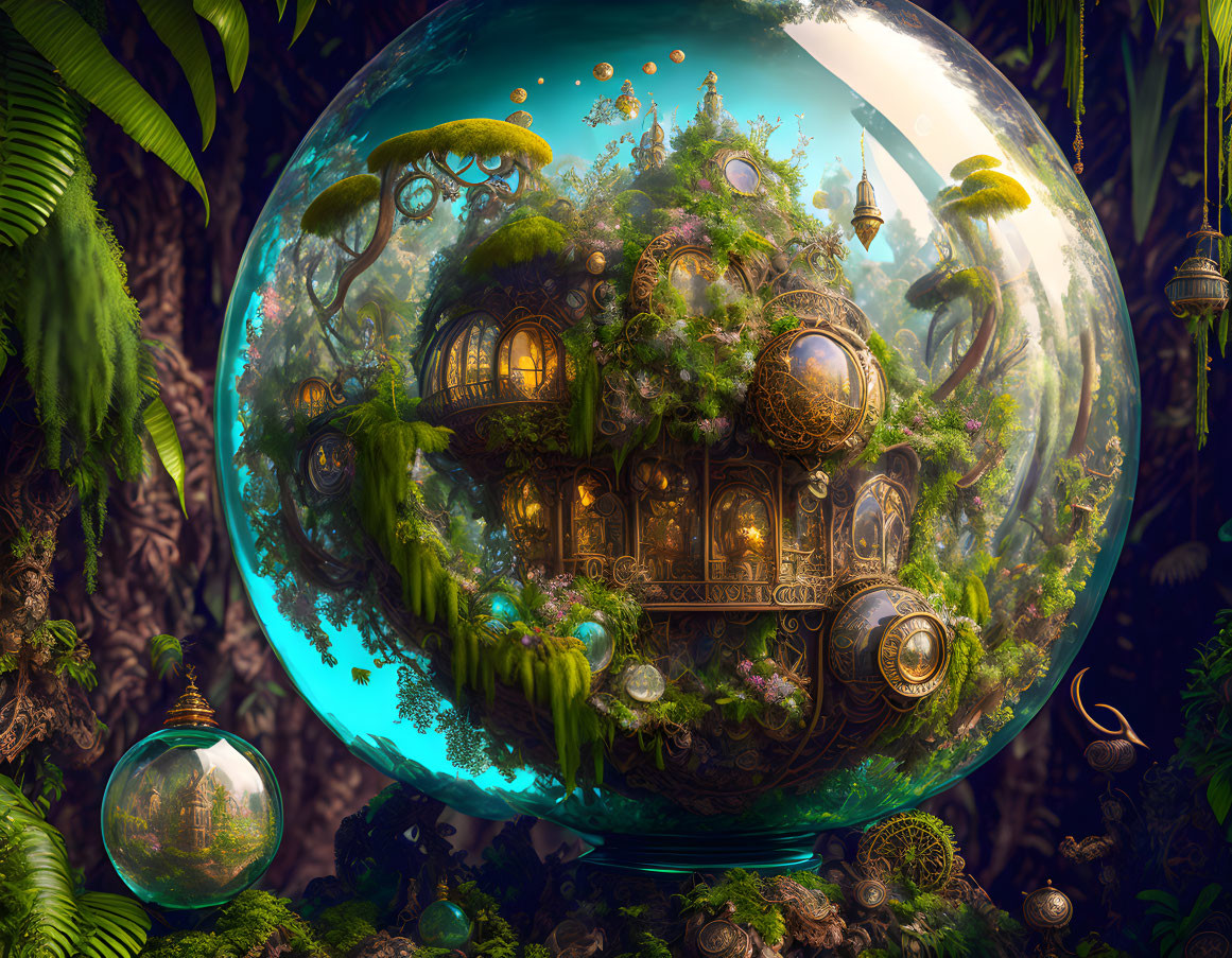 Fantastical image of lush globe with golden buildings in mystical forest