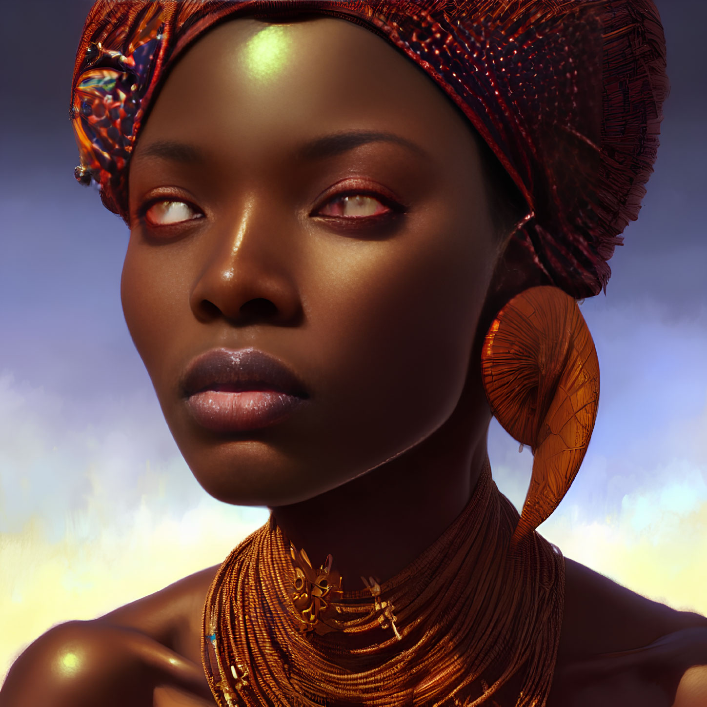 Digital portrait of woman with richly-toned skin and head wrap, adorned in golden jewelry, against