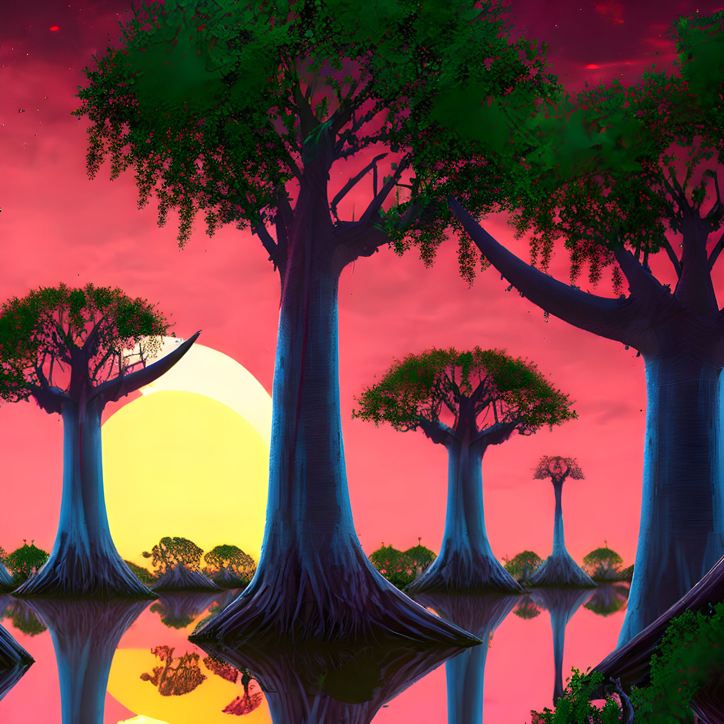 Colorful fantasy landscape with alien trees and setting sun in pink sky