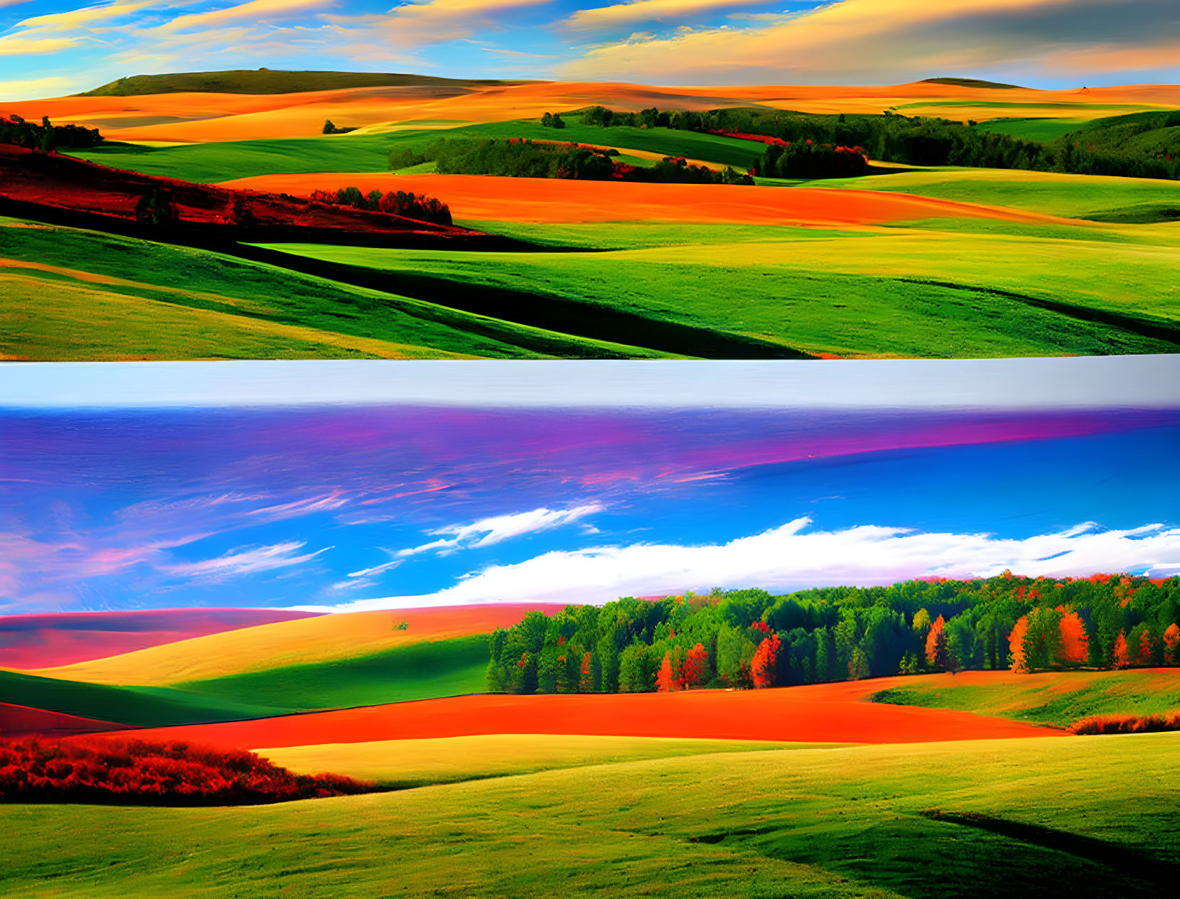 Multicolored Rolling Hills Under Dynamic Skies