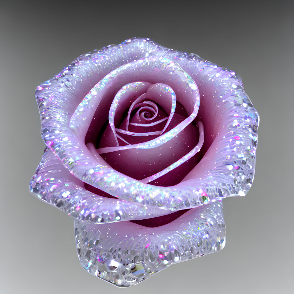 Digitally-rendered sparkling translucent rose with pink hue and crystalline texture on grey background