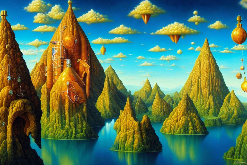 Surreal landscape with towering mountains, ornate structures, and floating islands